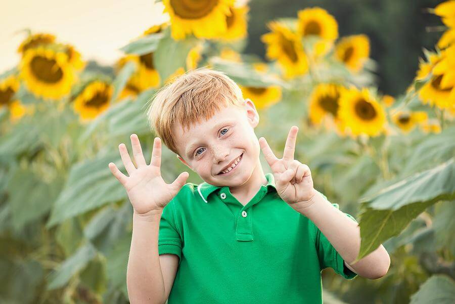 Sweet seven year-old boy in sunflowers!  | Charlotte family photographer