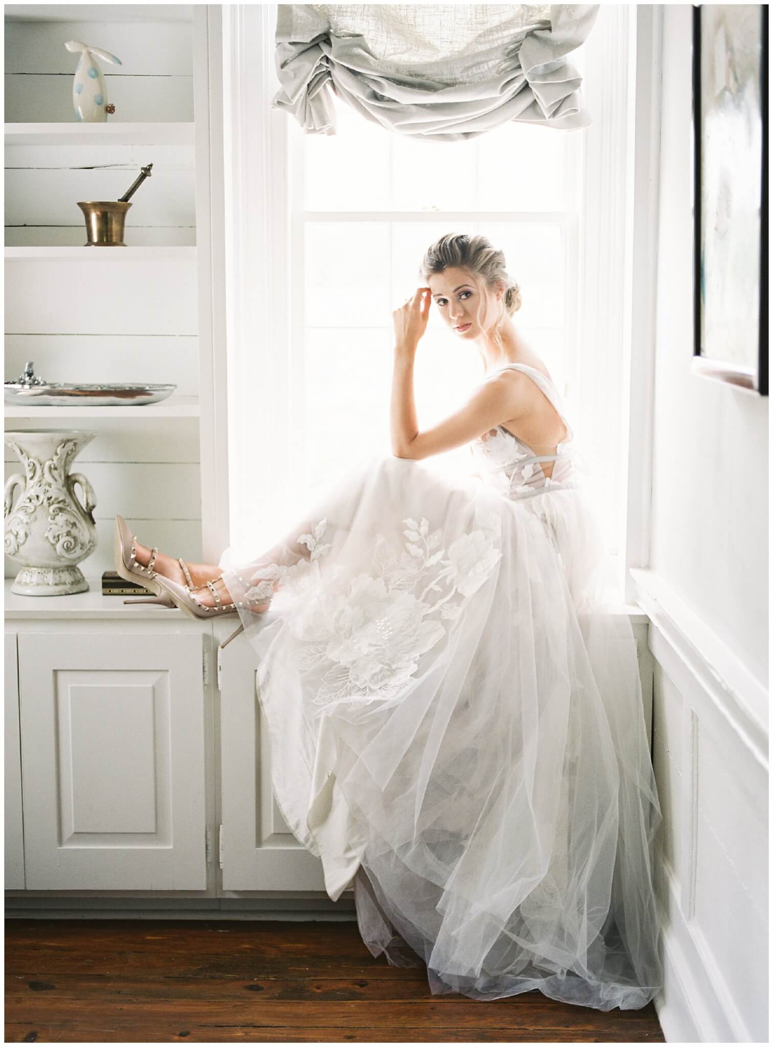 unique bridal portrait in window