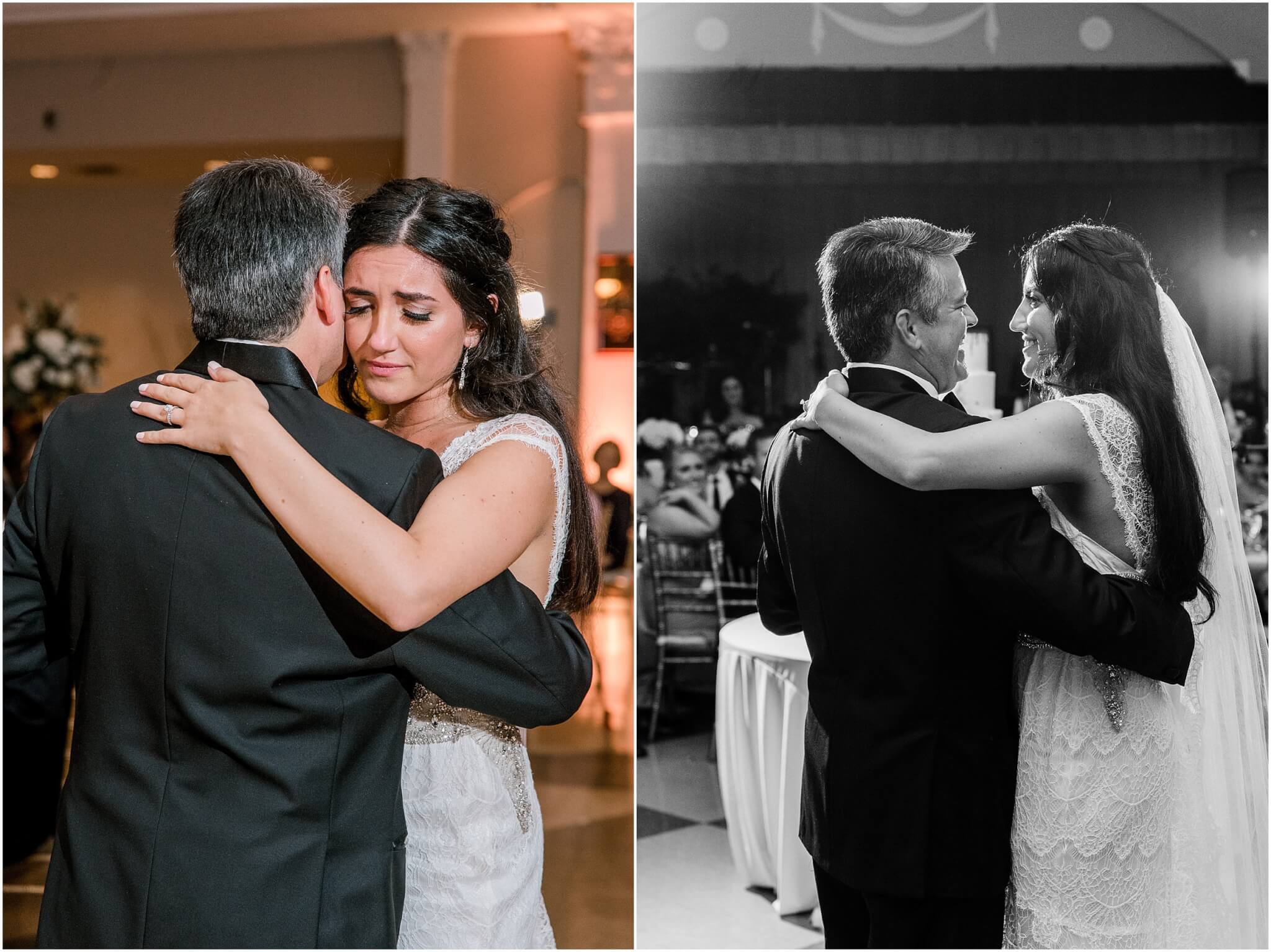Emotional bride during father daughter dance