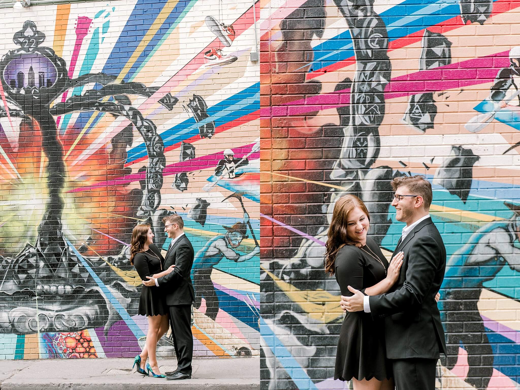 engagement photos in front of charlotte mural, Uptown Charlotte Engagement Pictures