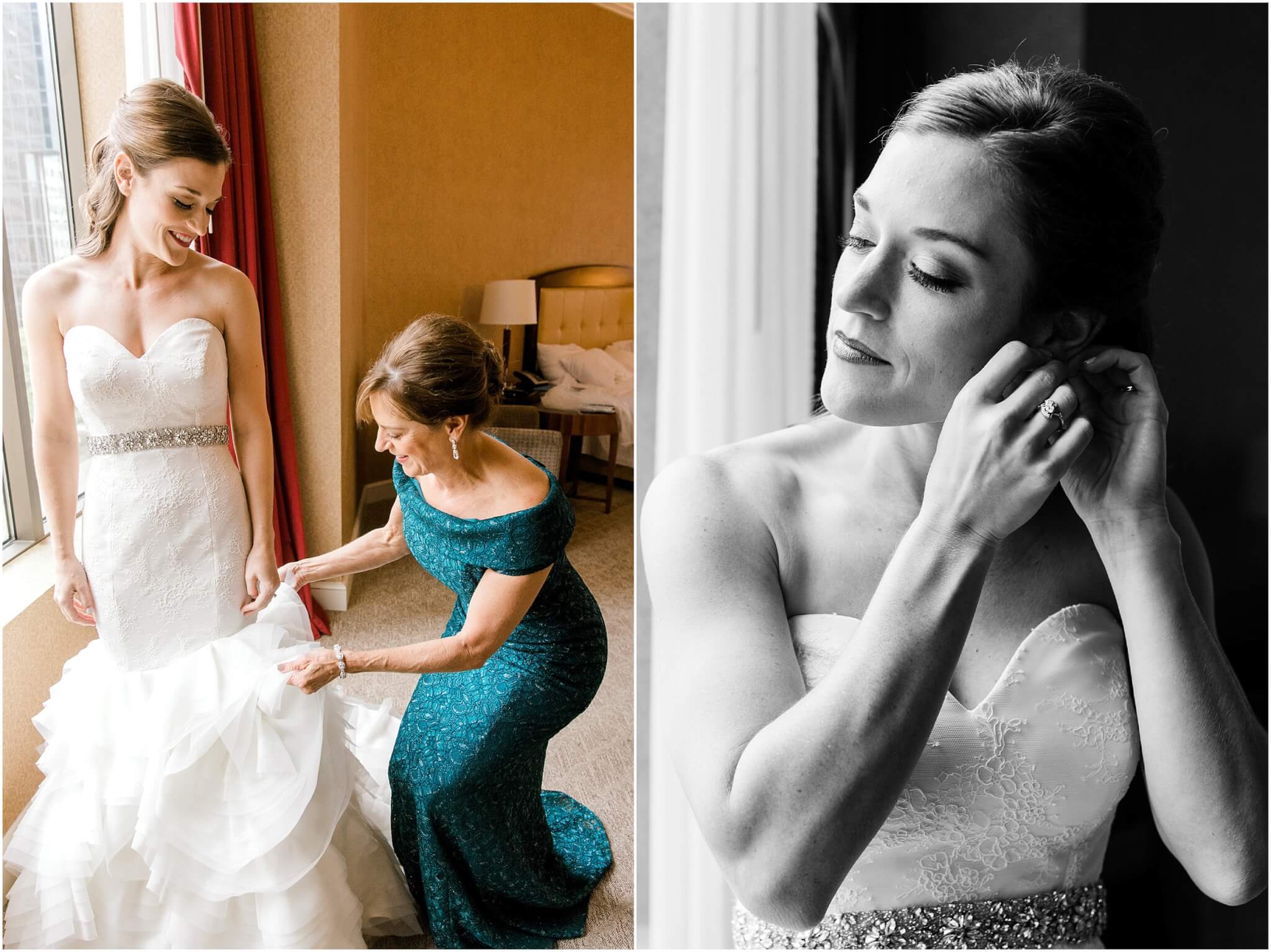 mother helping daughter get ready for wedding in charlotte hotel