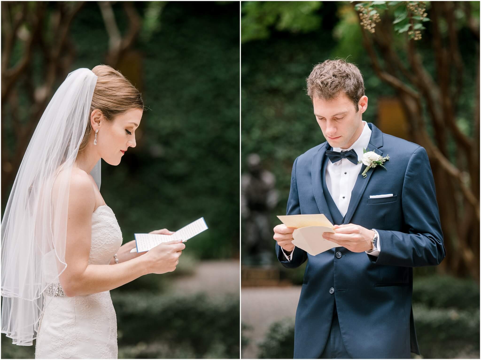 bride and groom reading wedding vows