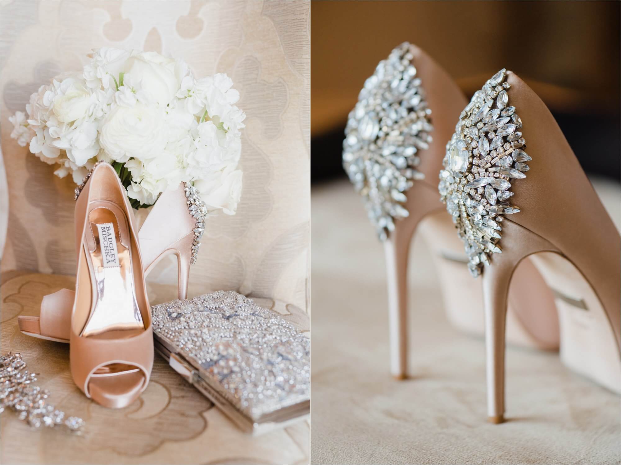 Blush wedding high heals with crystal detail on back