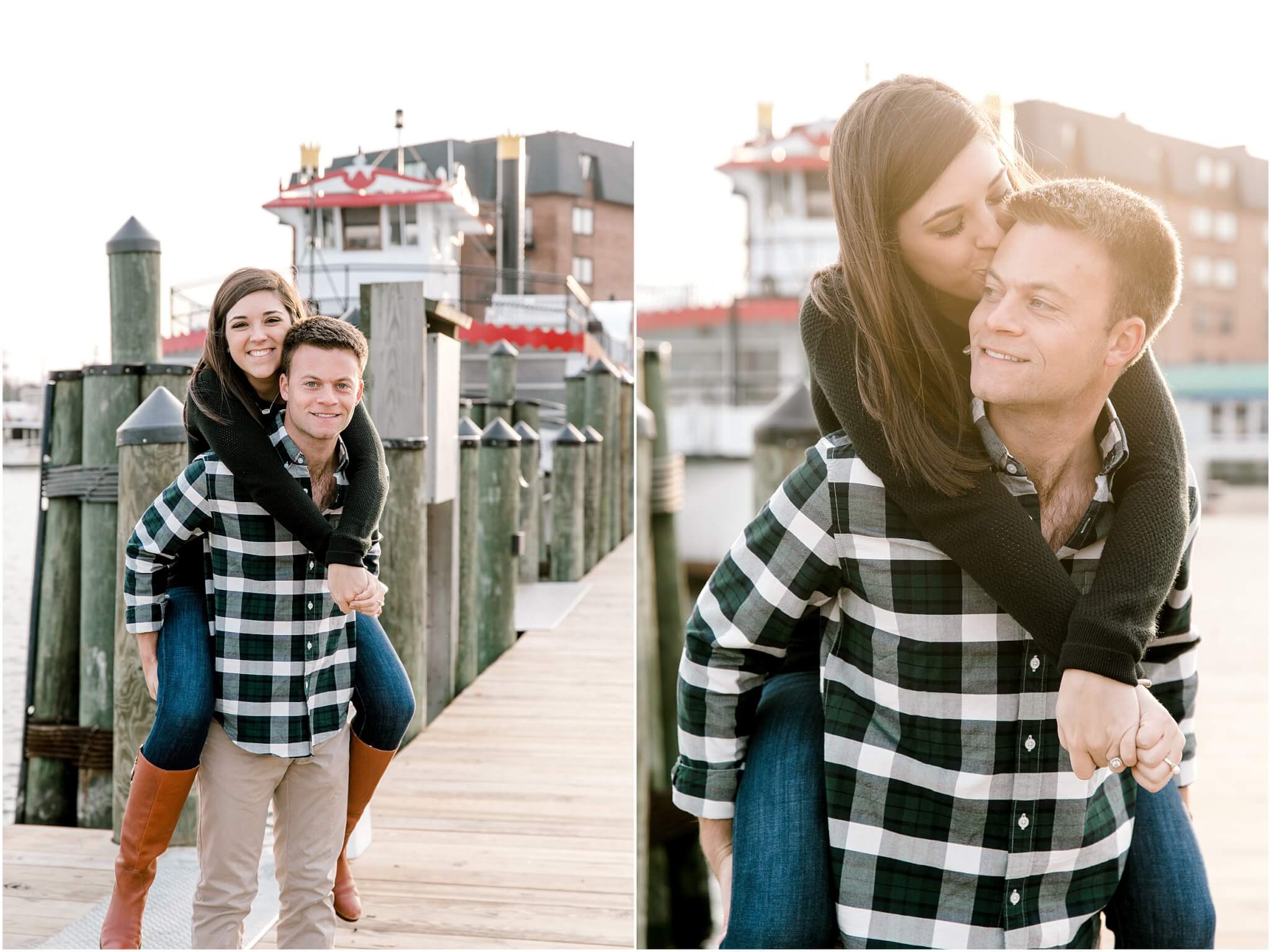 adorable engaged couple piggy back ride on the dock in annapolis 