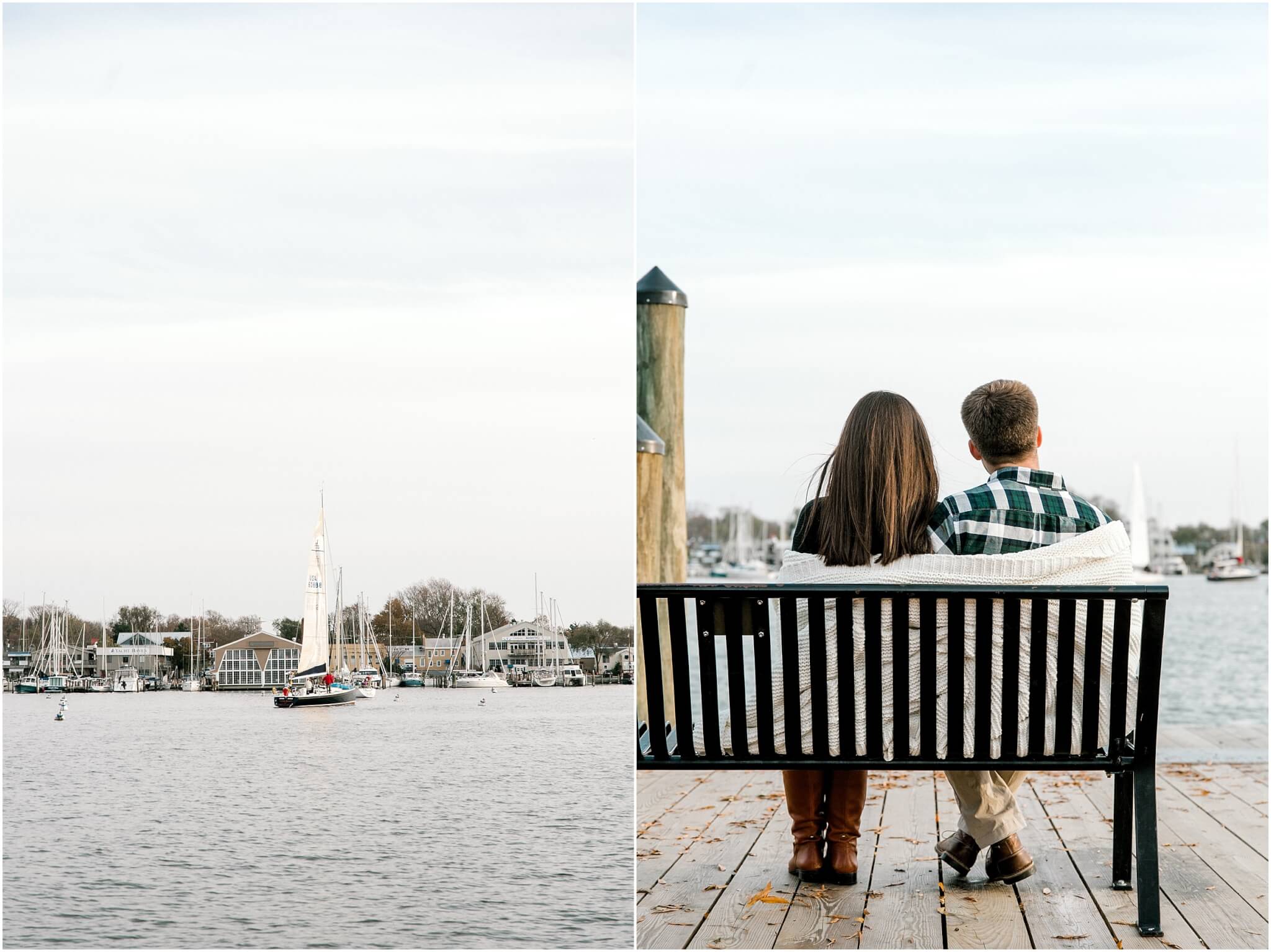 couple sitting on a bench with a blanket around them watching boats in annapolis 