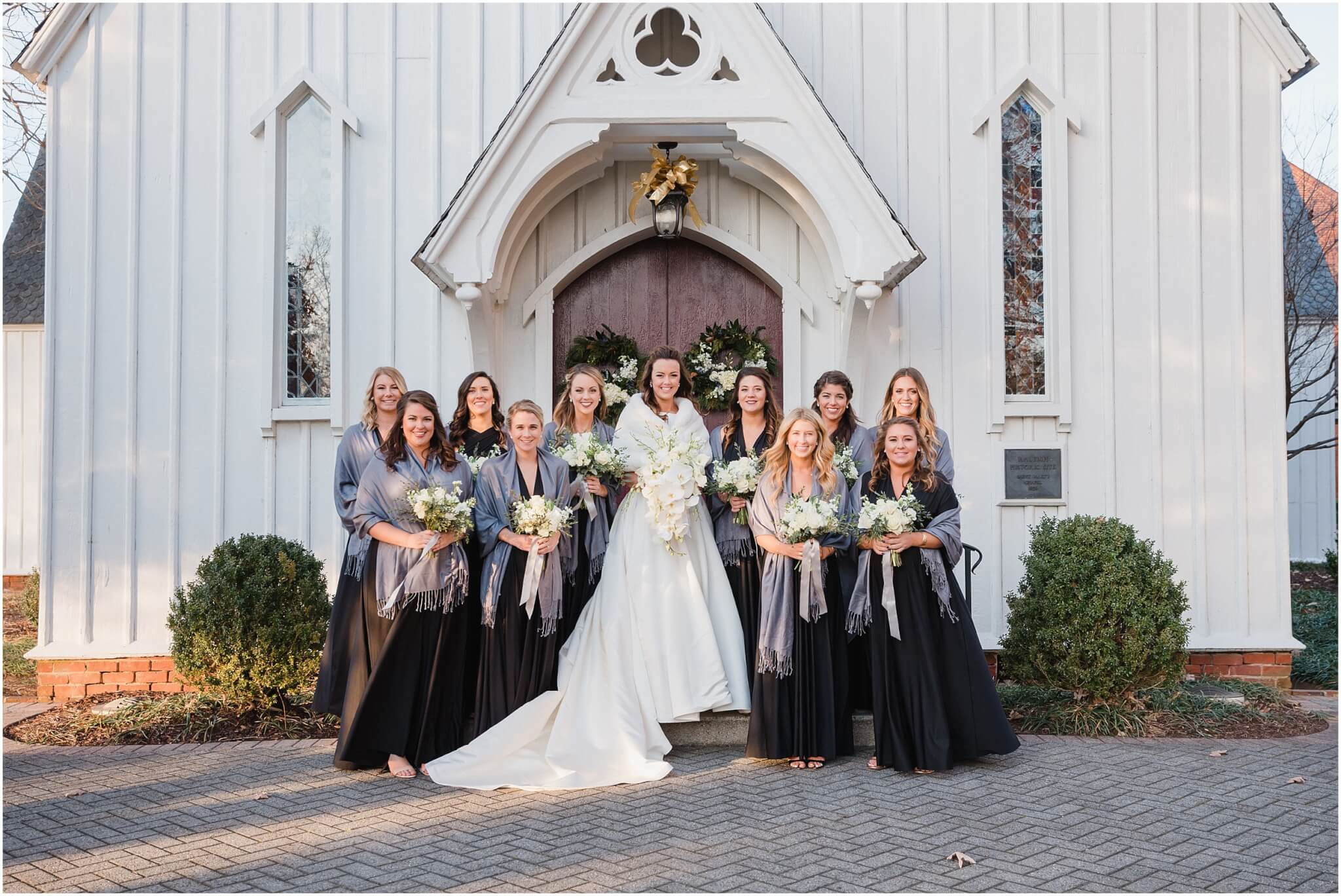 beautiful bridal party portraits, black bridesmaids dresses with grey shawls