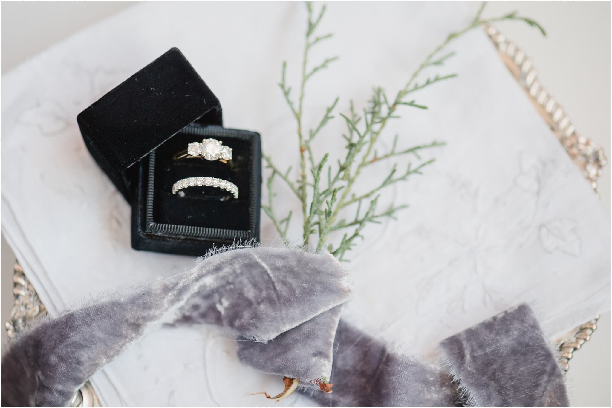 grey velvet with rosemary sprigs accenting wedding rings