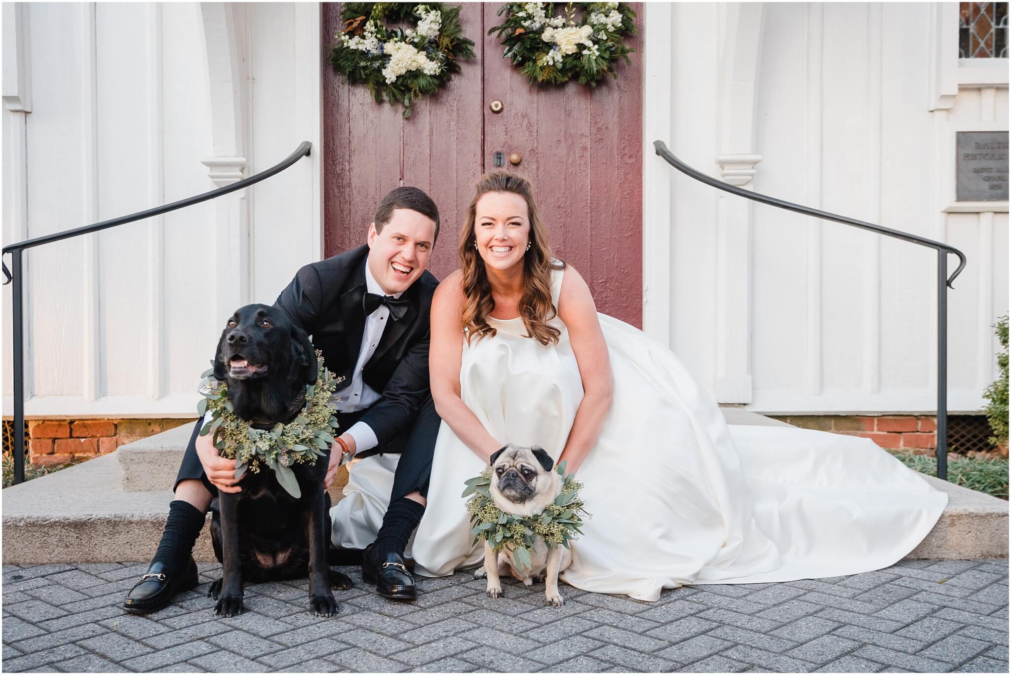 bride and groom with their dogs in north carolina wedding
