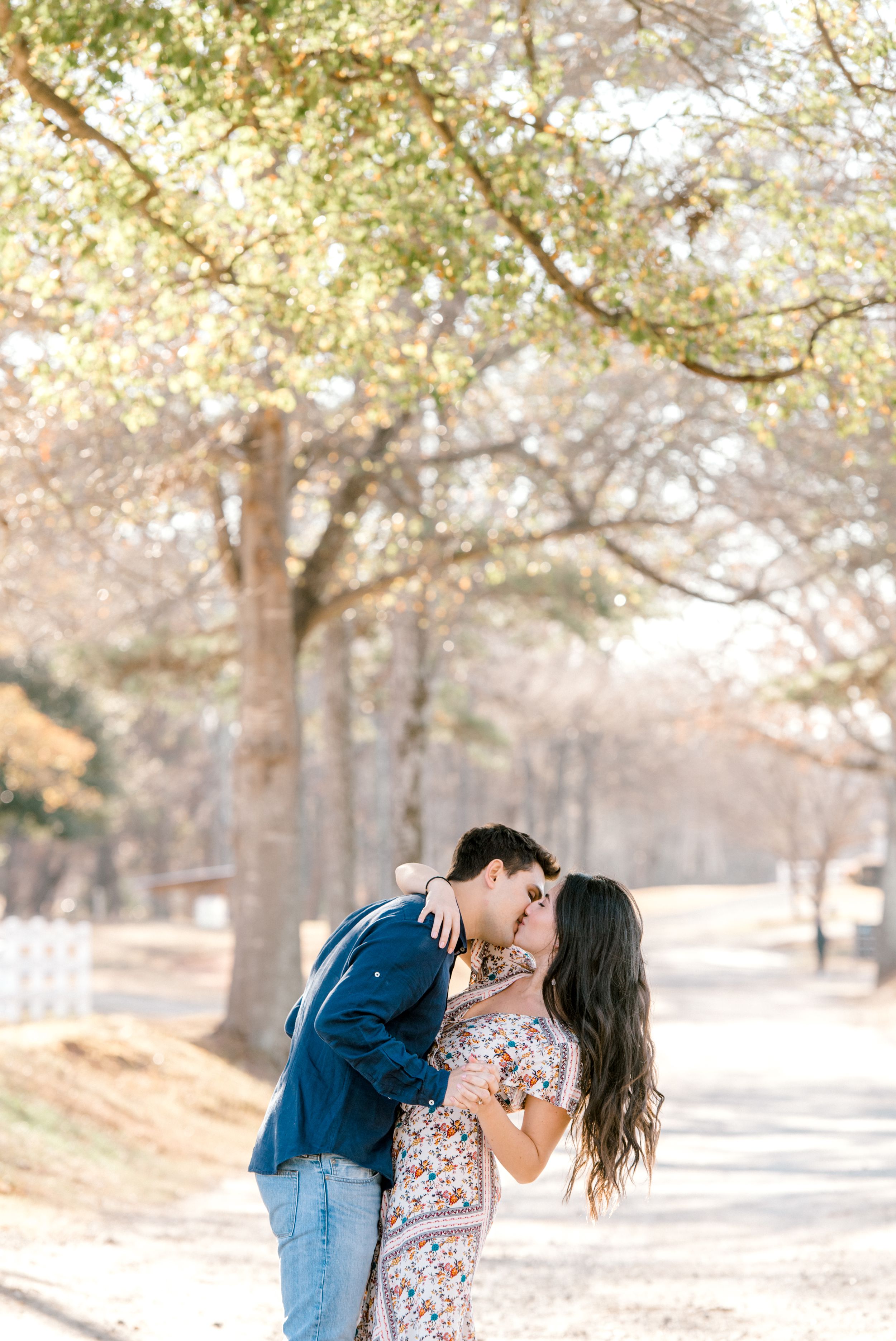 couple kissing under tree at charlotte engagement session