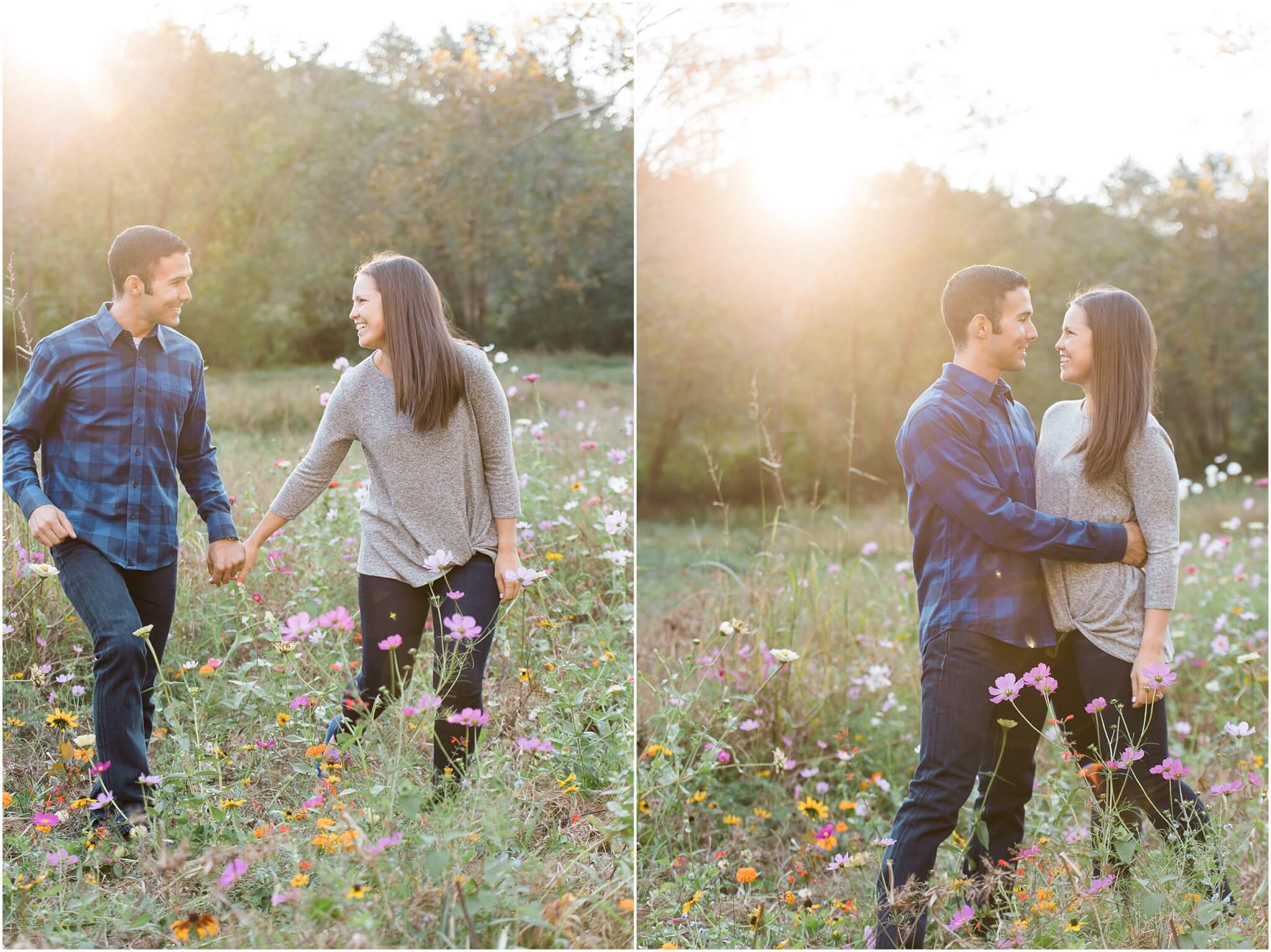 golden hour engagement session in wildflower field, north carolina wedding photographer