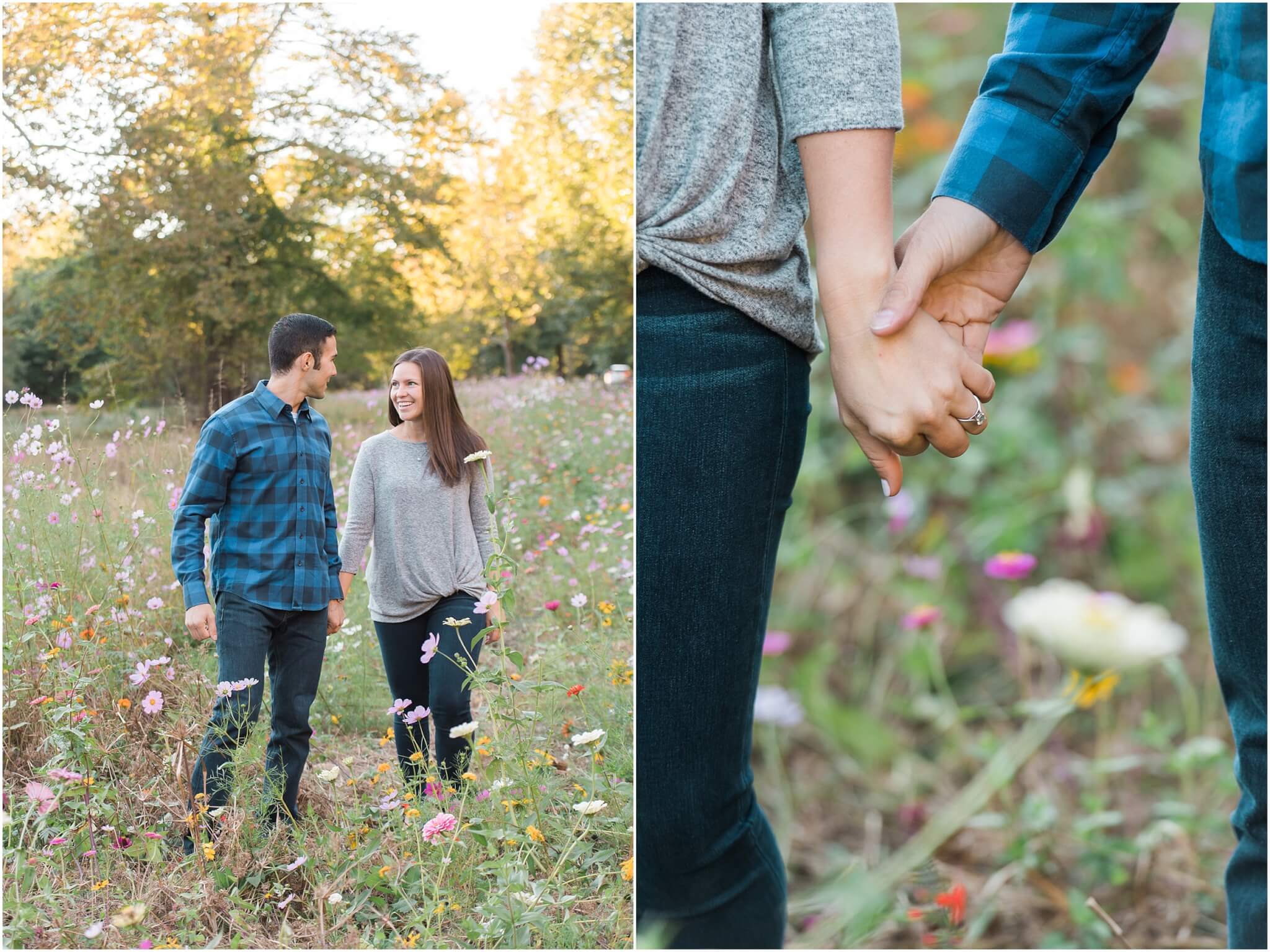 couple walking through field of wildflowers, asheville wedding photgrapher
