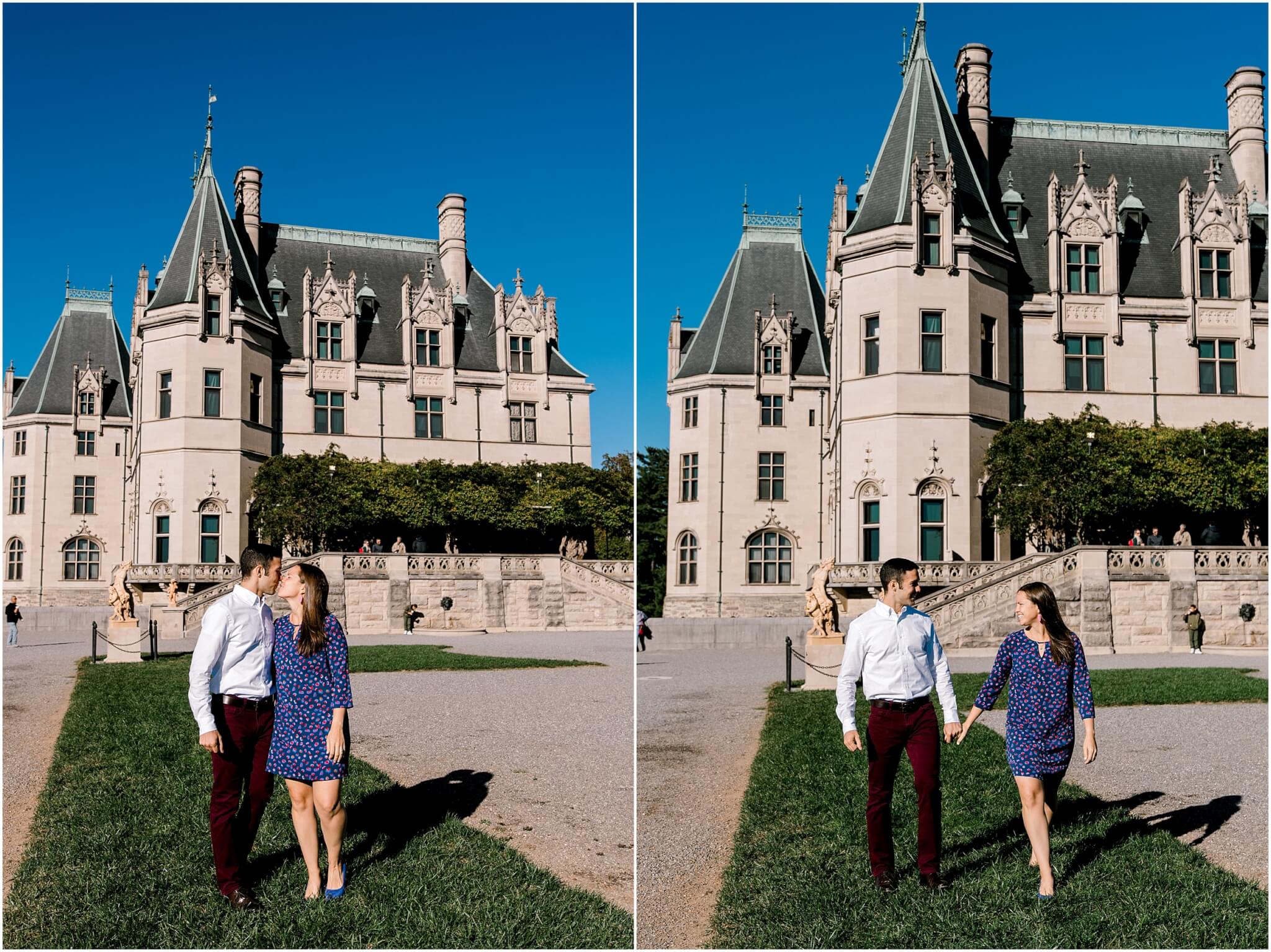couple walking on the grounds of the biltmore, engagement session, north carolina wedding photographer