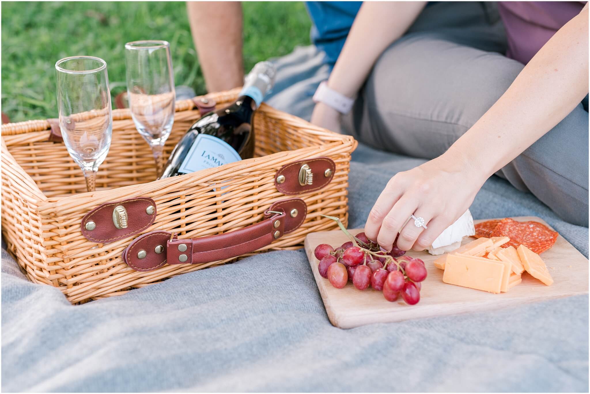 wine and charcuterie at fun boone engagement session
