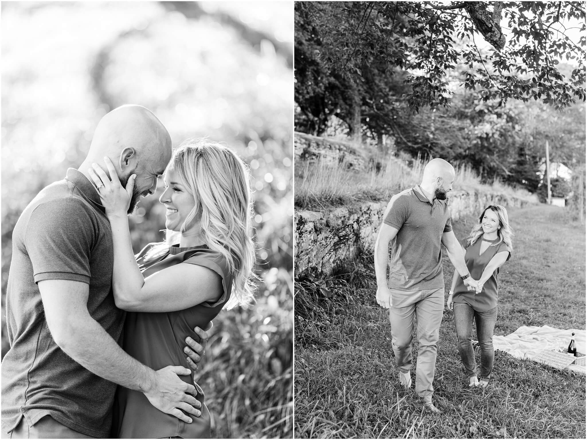 couple walking and laughing, north carolina engagement session
