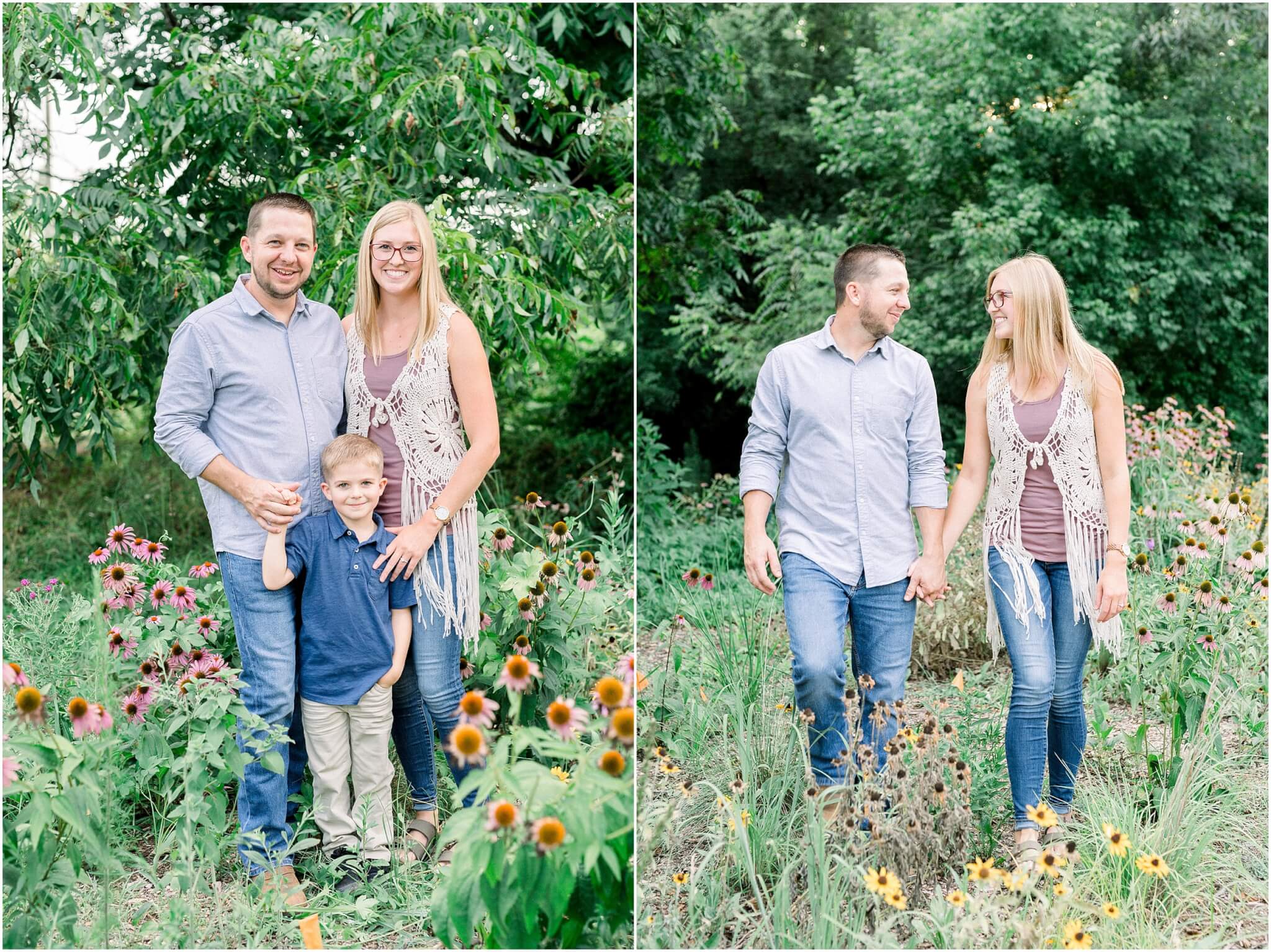 family pictures in wildflower field
