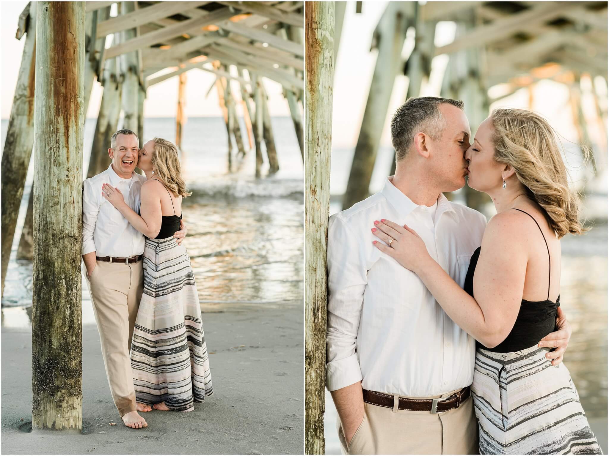 couple under beach pier, wedding photographer south carolina 