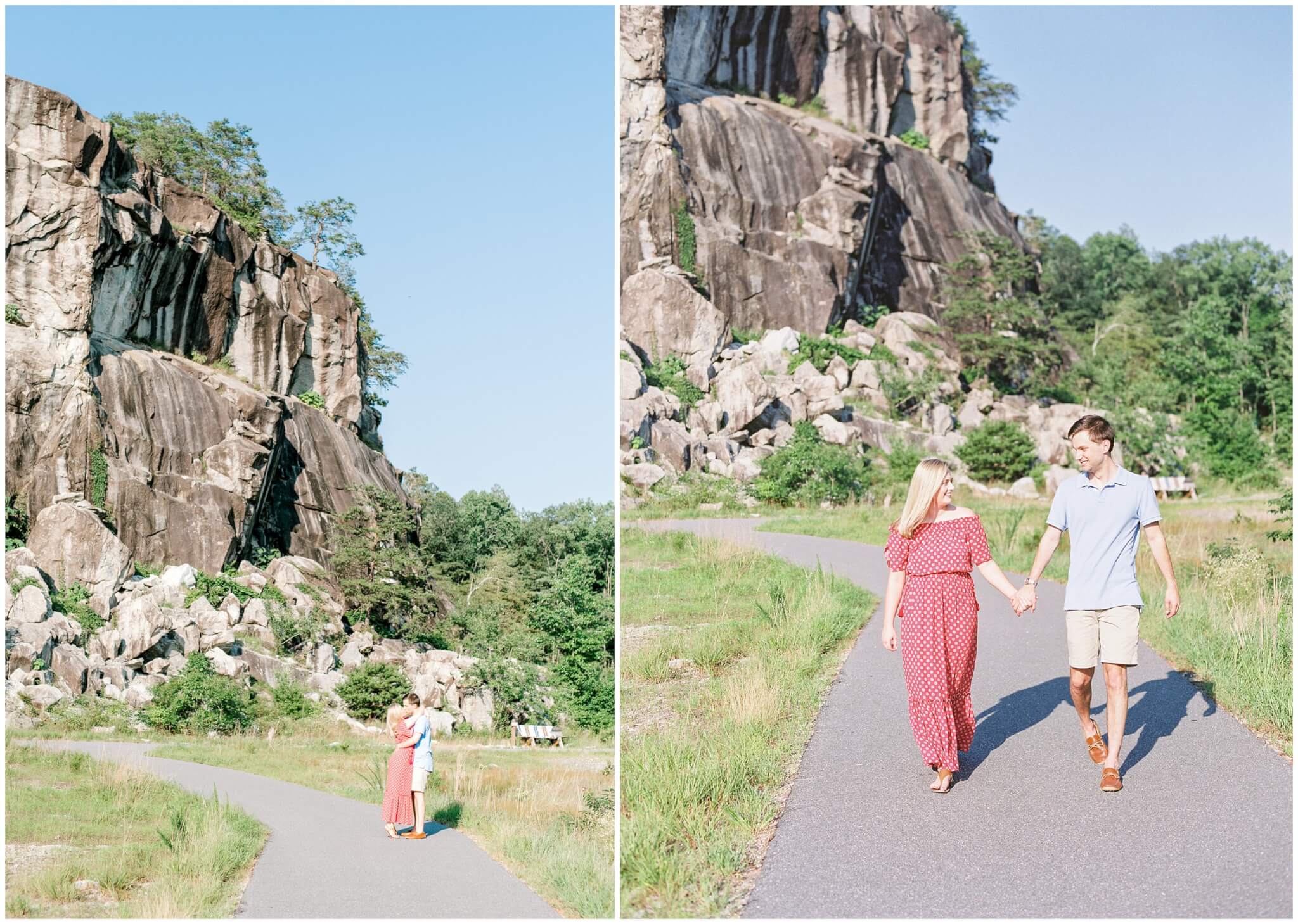 couple walking on path, NC quarry engagement pictures