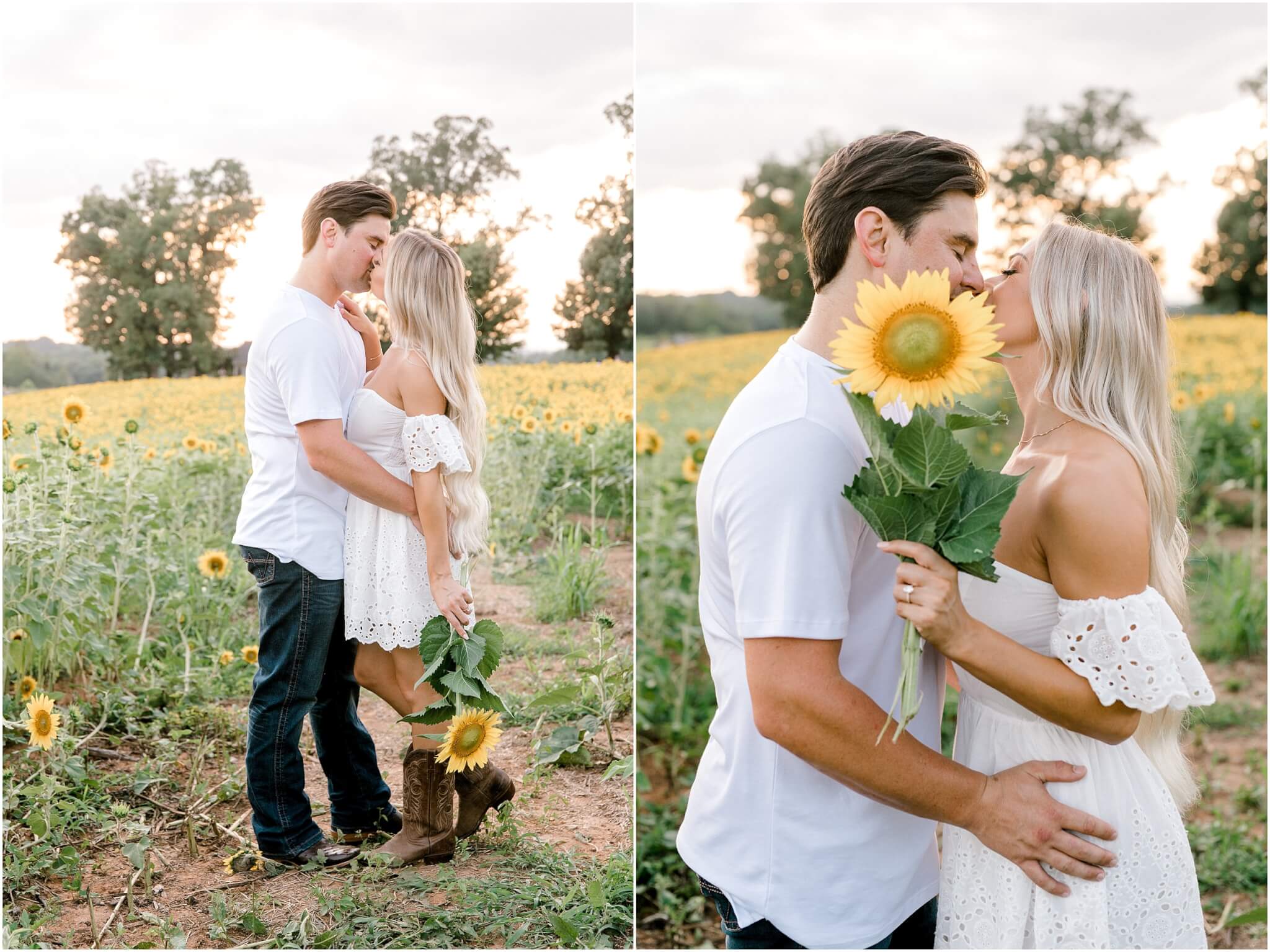 couple kissing in sunflower field, destination wedding photographer