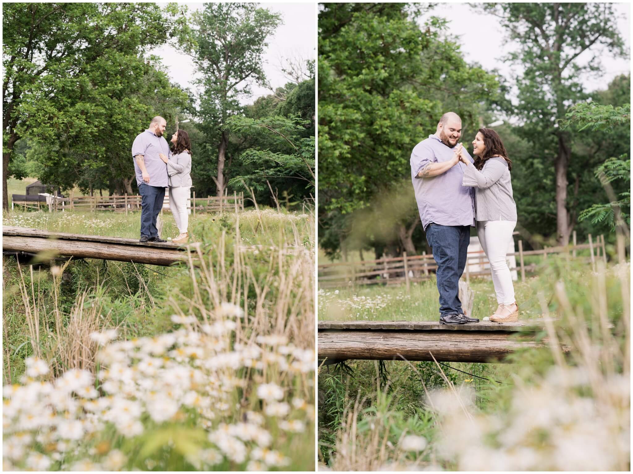 engaged couple on dock with wildflowers 