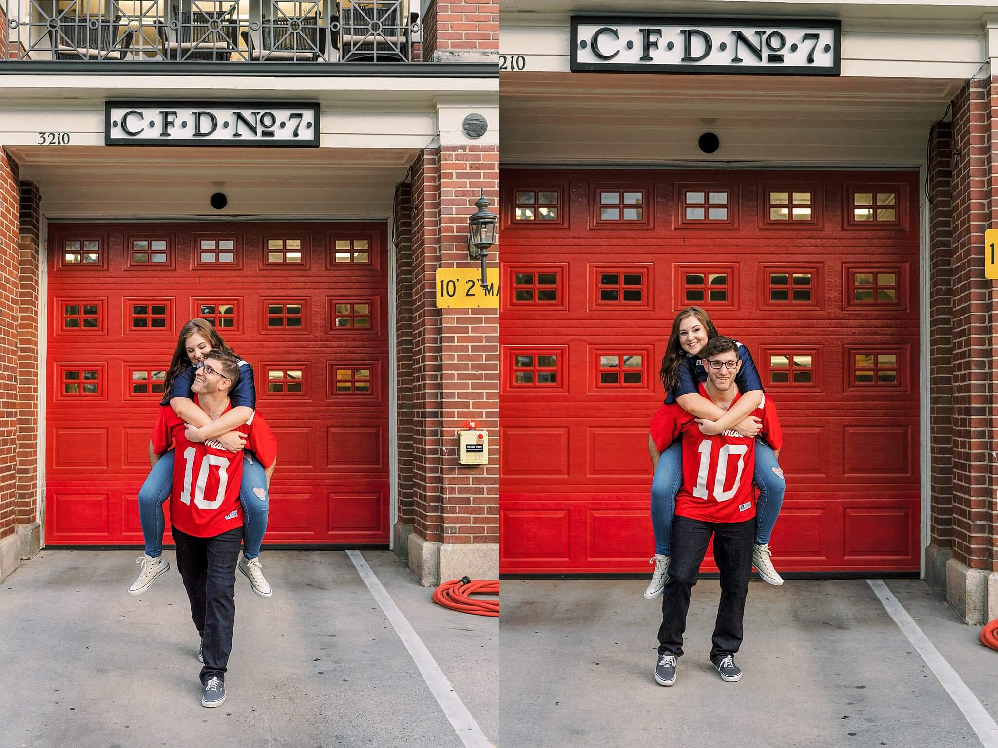 uptown charlotte engagement session, couple in ole miss jerseys, firehouse