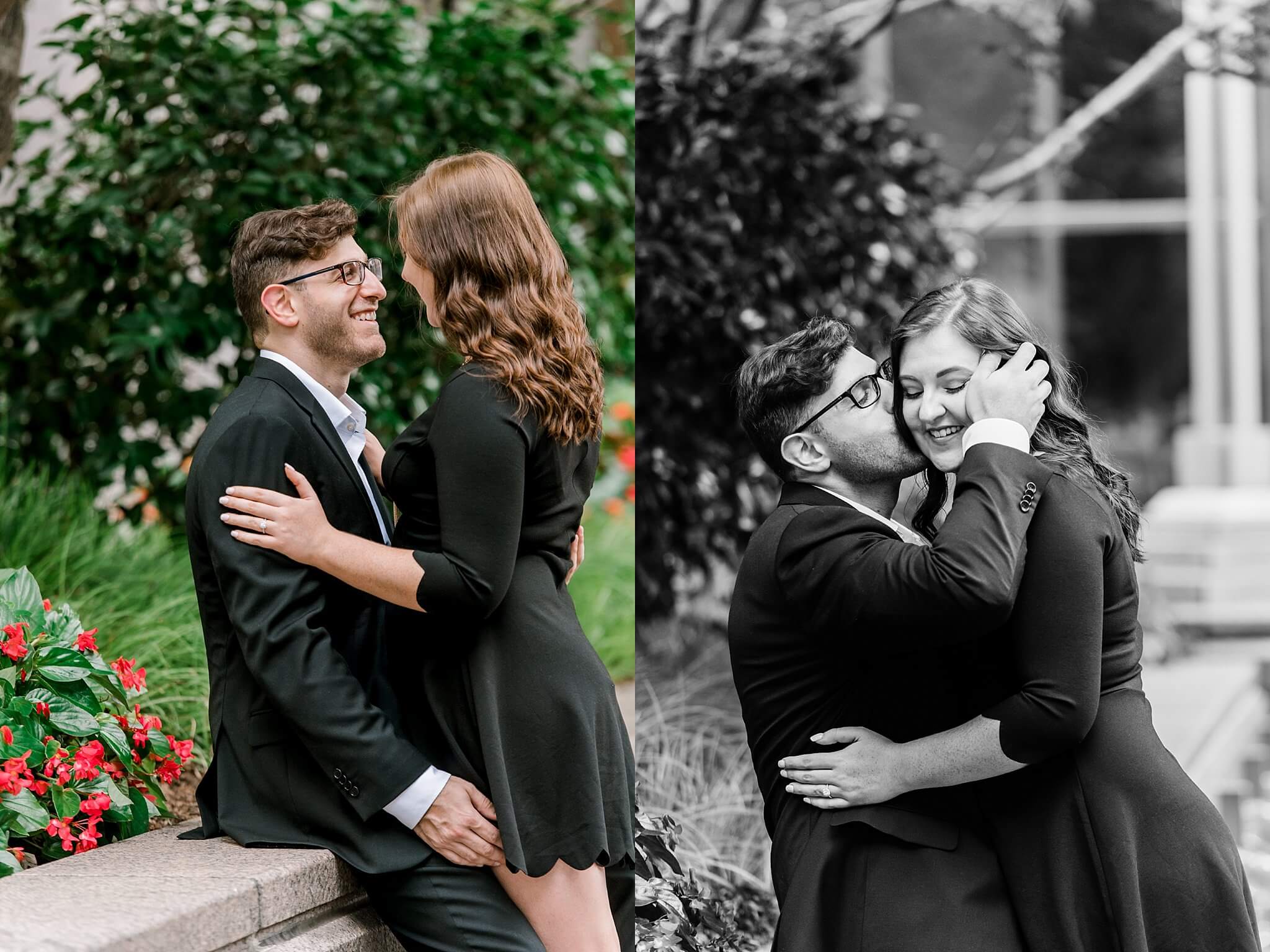 couple looking at each other and kissing at charlotte engagement session