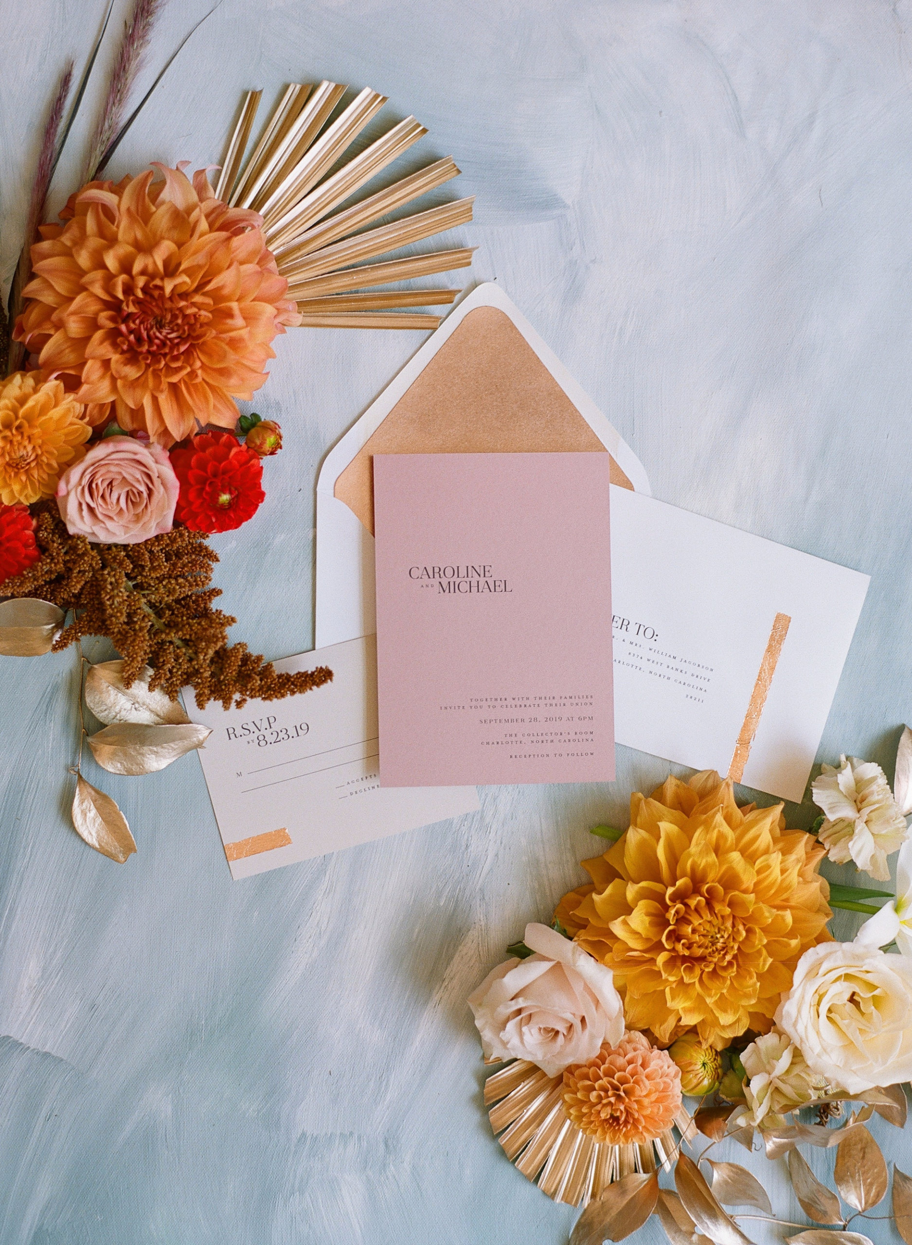 Peach and pink wedding stationery