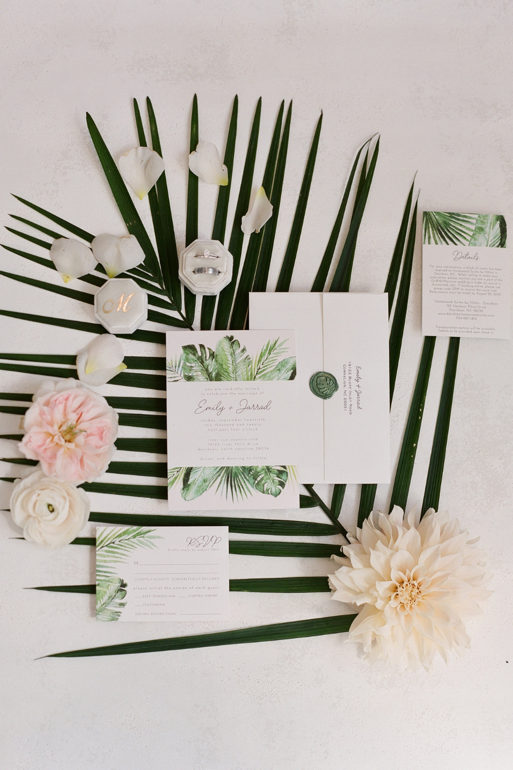 Tropical designed wedding invitation suite stationery flat lay photo