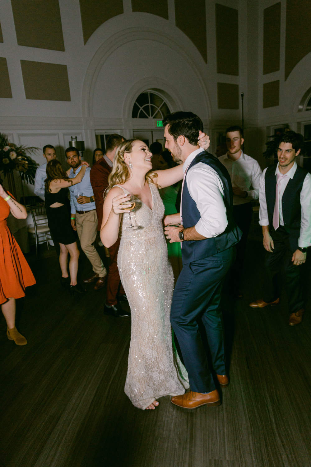 Bride and groom dancing at wedding reception at River Run Country Club