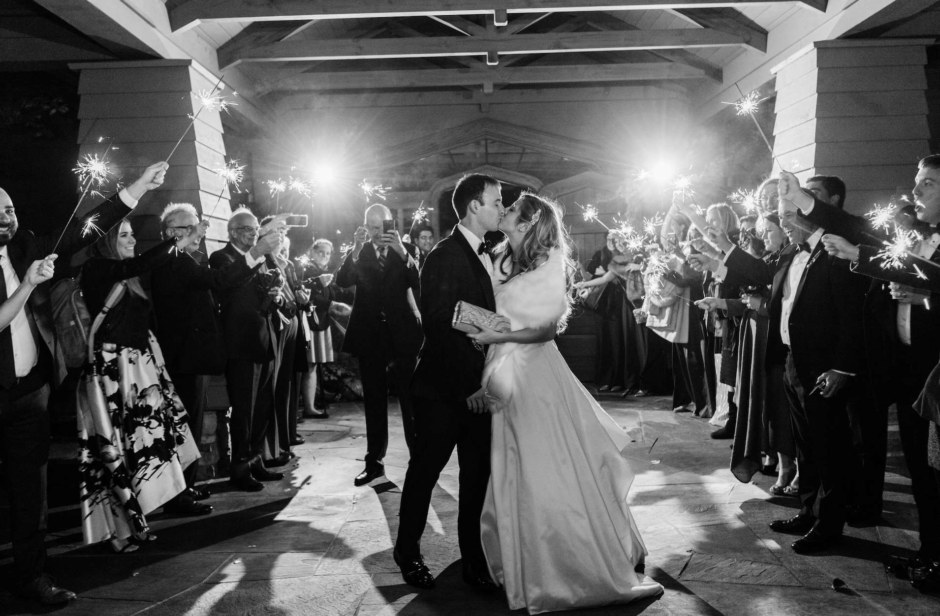 Black and white photo for wedding send off with sparklers at Old Edwards Inn