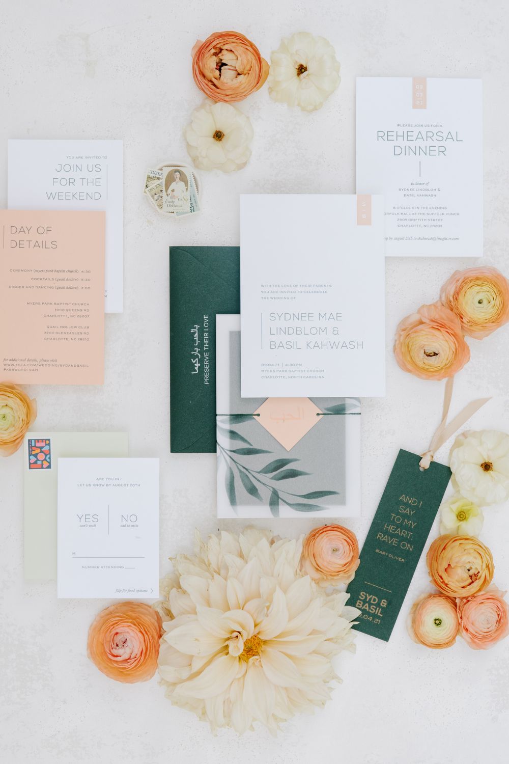 Peach and sage wedding invitation suite
