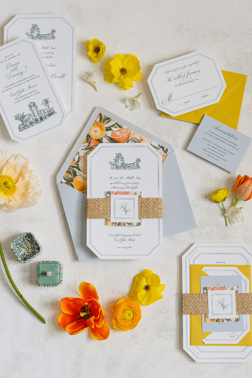 spring wedding stationery with pop of yellow