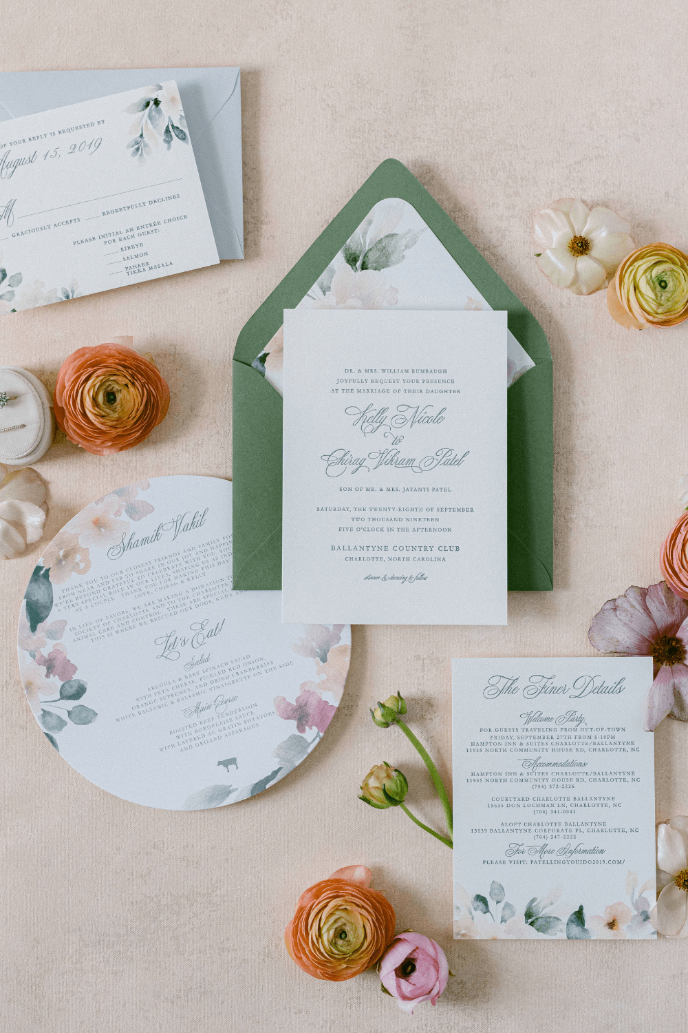 spring wedding stationery with pop of green