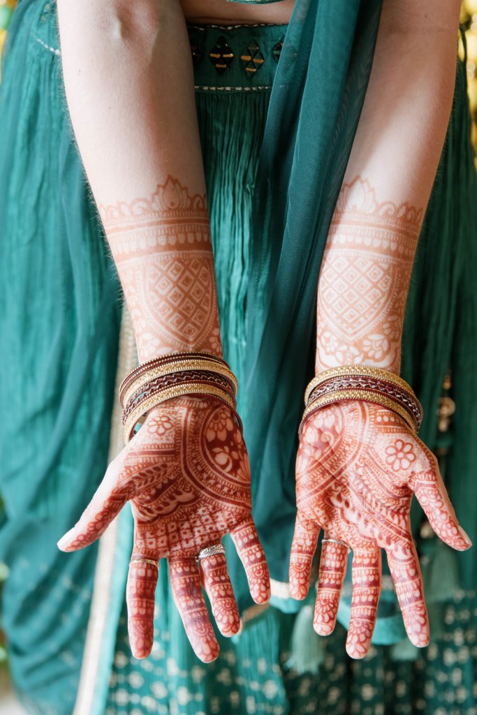 Bridal henna on palms at Mehndi party for Indian wedding
